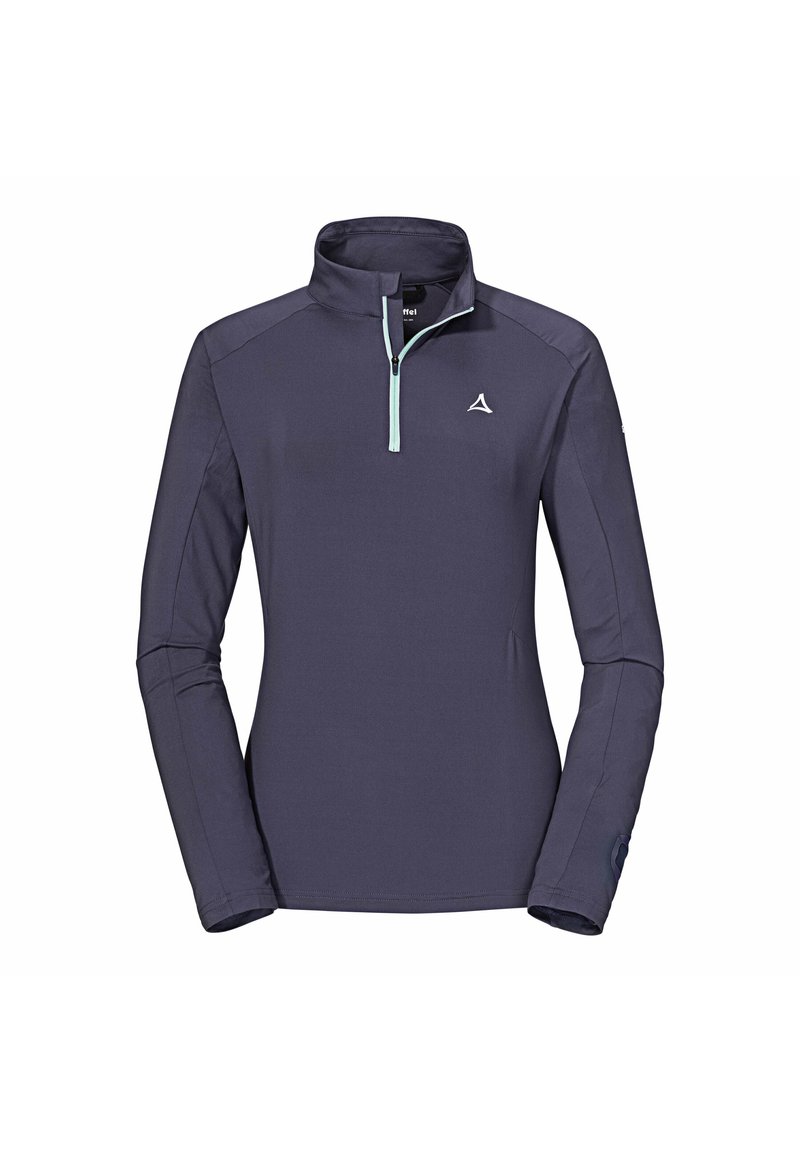 Jersey de manga larga en color navy con cuello tipo half-zip, detalle de cremallera en azul claro y un logo sutil en el pecho. Textura de tela suave y lisa.