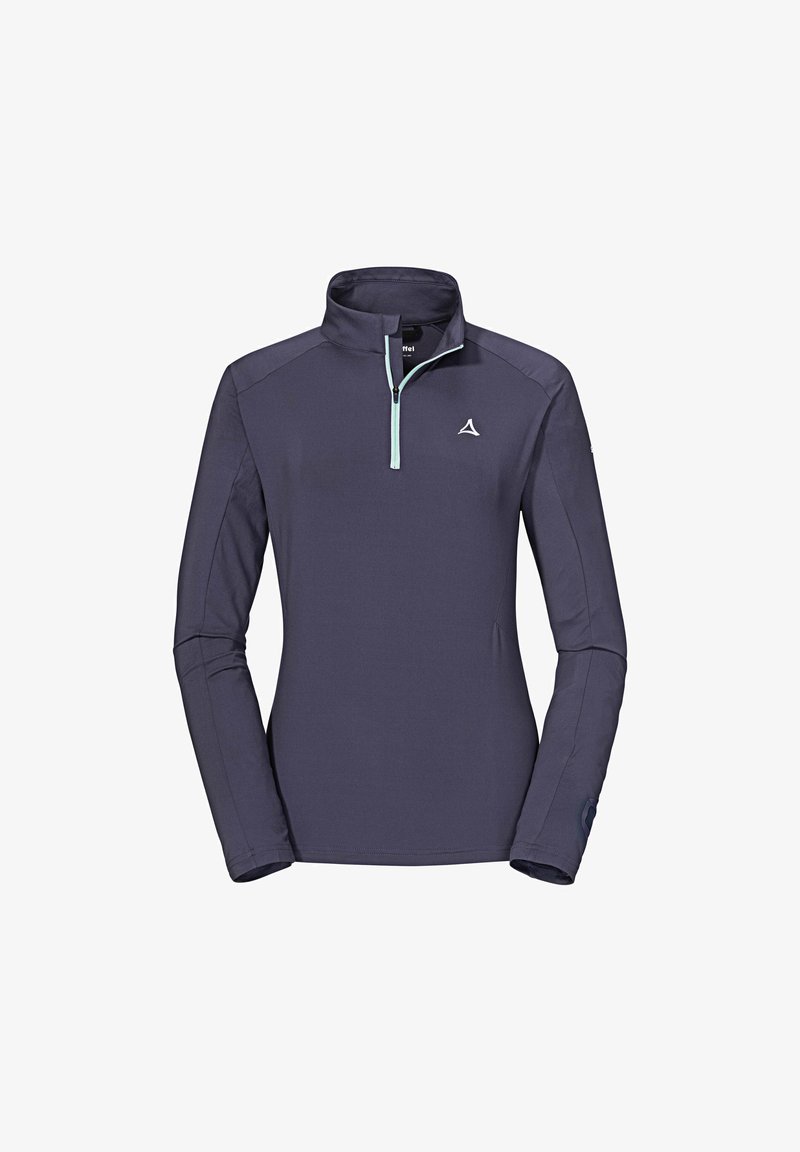 Jersey de manga larga en color navy con cuello tipo half-zip, detalle de cremallera en azul claro y un logo sutil en el pecho. Textura de tela suave y lisa.