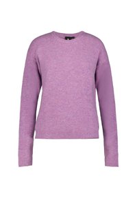 Violetti neulepaita pyöreällä pääntiellä, pitkillä hihoilla ja resorikuvioiduilla hihoilla. Pehmeä rakenne, hieman väljä istuvuus ja hienovarainen värin vaihtelu.