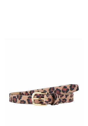 Leopardenmuster-Gürtel aus strukturiertem Material, mit einer goldfarbenen Schnalle und einem schlanken Design. Akzentuiert mit schwarzen und rostfarbenen Punkten.
