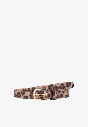 Leopardmønstret bælte lavet af tekstureret materiale, med en guldtonet spænde og et slankt design. Accentueret med sorte og rustfarvede pletter.