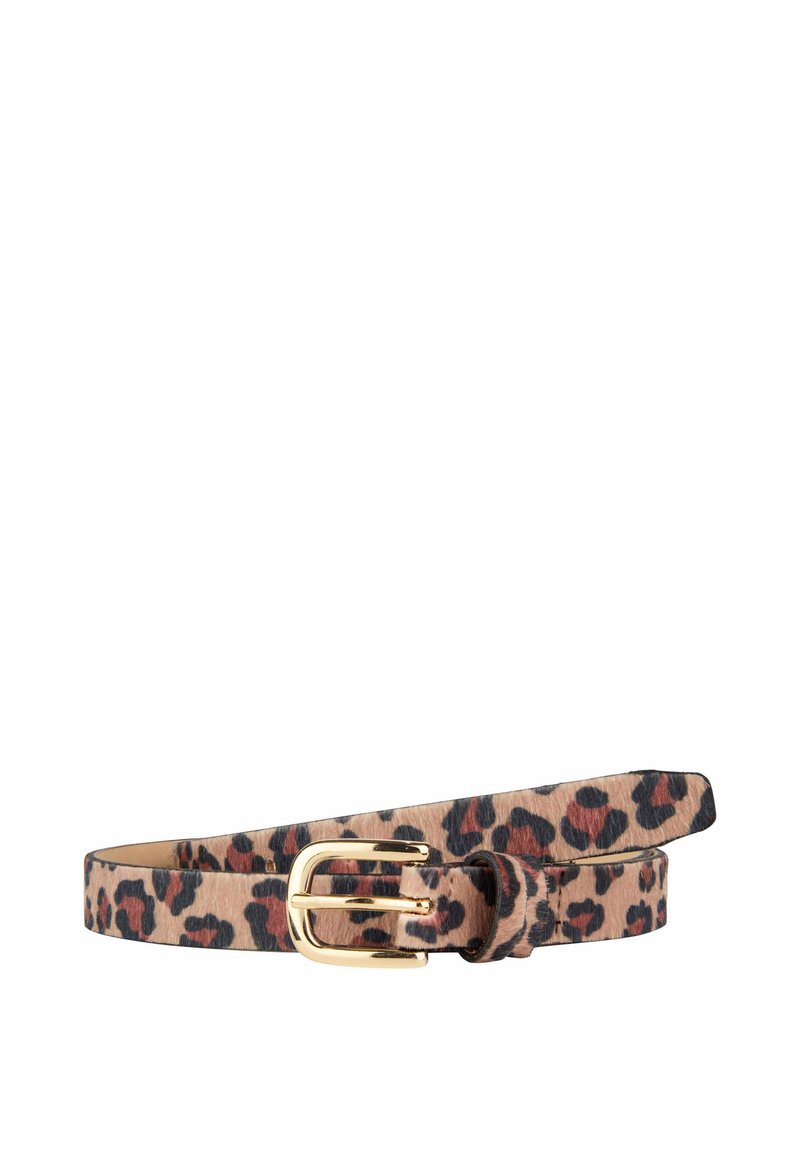Leopardprint riem van textuurmateriaal, met een gouddoorstoken gesp en een slank ontwerp. Geaccentueerd met zwarte en roestkleurige vlekken.