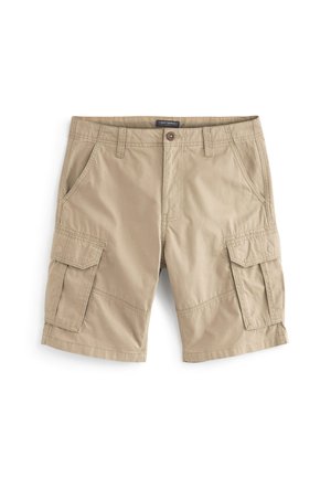 Bež shorts s cargo stilom z gumbom za zapiranje, sprednjimi žepi in dvema stranskima cargo žepoma. Narejeni iz trdnega bombažnega blaga z gladko teksturo.