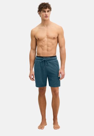 Giovane uomo con capelli ricci che indossa pantaloncini con coulisse color verde acqua e biancheria intima con fascia nera, in piedi a piedi nudi su uno sfondo semplice.