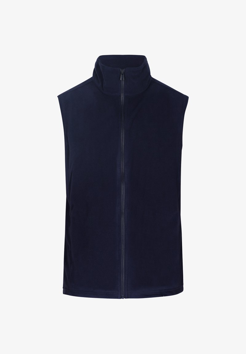 Marineblauer Fleece-Weste mit hohem Kragen und Frontreißverschluss. Ärmelloses Design mit glattem Material und sauberen Kanten.