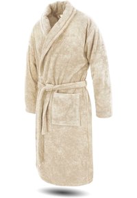 Beige Bademantel aus weichem, strukturiertem Stoff. Hat lange Ärmel, ein Wickeldesign, einen Taillengurt und eine aufgesetzte Tasche auf der Vorderseite.