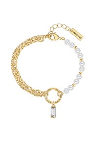 Auksinė grandinėlė su didelėmis nuorodomis ir mažomis perlamutrinėmis karoliukais, su centrinėmis žiedu ir skaidriu stačiakampiu žavesiu.