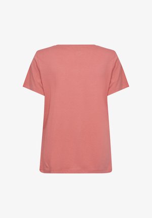 Short-sleeve t-shirt in coral pink, made of soft cotton, features a round neckline and a small logo detail at the back.