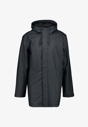 Wasserfester schwarzer Parka mit Kapuze, vorderem Druckverschluss und zwei Seitentaschen. Glatte Textur und verstellbare Kordeln an der Kapuze.