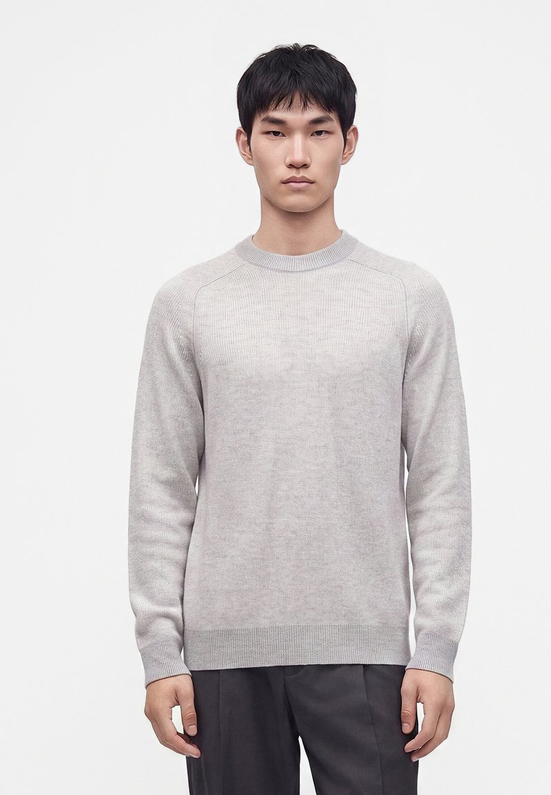 Jeune homme aux cheveux courts et noirs, portant un pull gris clair à manches longues et un pantalon gris foncé, debout devant un fond blanc uni.