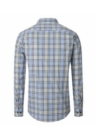 Herenoverhemd met lange mouwen in een blauw, wit en beige geruit patroon, met knoopmanchetten en standaard kraag, zichtbaar van achteren op een witte achtergrond.