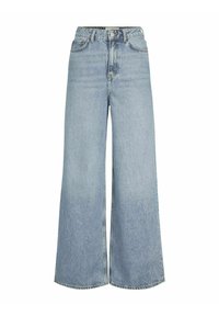 Jeans a gamba larga a vita alta realizzati in denim azzurro chiaro. Presentano un classico design a cinque tasche con cuciture tonali e una chiusura con bottone.