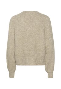 Béžový pletený svetr s kulatým výstřihem, spadlými rameny, žebrovaným lemem a texturovanou tkaninou. Detailně propracované dlouhé, mírně nafouklé rukávy.