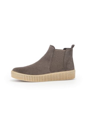 Brown suede Chelsea boot with beige textured elastic side panel and ribbed light brown rubber sole.
