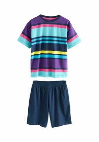 Gestreept T-shirt met korte mouwen in paars, turquoise, roze, marineblauw en geel, gecombineerd met marineblauwe shorts met een elastische tailleband.
