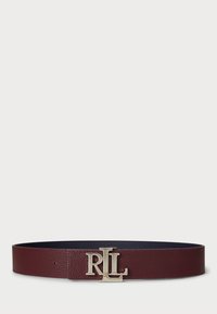 Ceinture en cuir de couleur bourgogne avec une finition texturée, dotée d'une boucle en métal doré avec les lettres "RLL." Doublure intérieure lisse de couleur sombre.