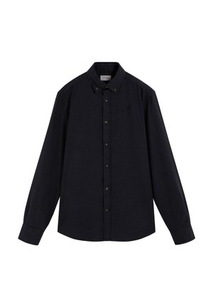 Dark navy long-sleeve shirt with a button-down collar, featuring a subtle check pattern and brown buttons along the placket.