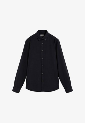 Dark navy long-sleeve shirt with a button-down collar, featuring a subtle check pattern and brown buttons along the placket.