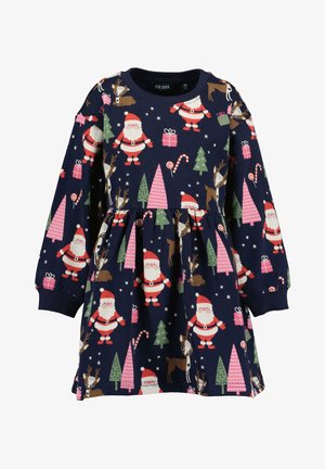 Marineblaue Kleid mit langen Ärmeln, das ein verspieltes Muster aus bunten Weihnachtsmännern, Rentieren und Weihnachtsbäumen zeigt. Aus Baumwollmaterial mit ausgestellt Rock.