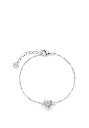 Silver chain bracelet with a textured heart-shaped charm centerpiece and a small round tag near the clasp engraved with "s.Oliver".