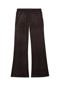 Zwarte wijde broek van zachte stof, met een verstelbare tailleband, twee voorzakken en accenten van goudkleurig beslag.