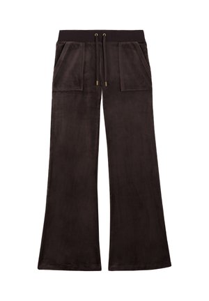 Schwarze weit geschnittene Hose aus weichem Stoff, mit einem Kordelzugbund, zwei Fronttaschen und goldfarbigen Akzenten.