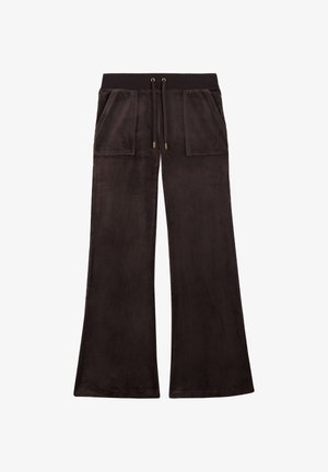 Pantaloni neri a gamba larga realizzati in tessuto morbido, dotati di vita con coulisse, due tasche frontali e dettagli in metallo dorato.