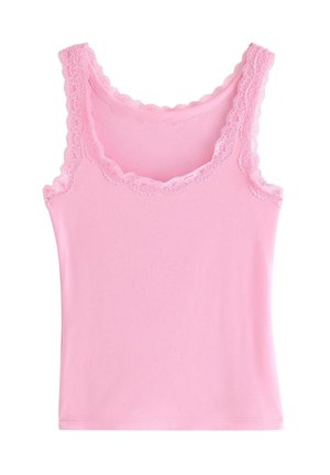 Pink ærmeløs top med bølget blondekant langs udskæring og skulderstropper, glat stof, tætsiddende stil.