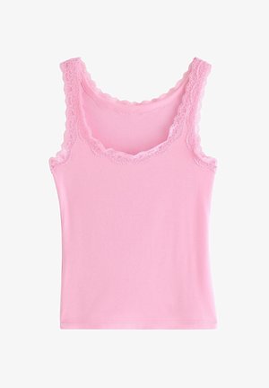 Pink ærmeløs top med bølget blondekant langs udskæring og skulderstropper, glat stof, tætsiddende stil.