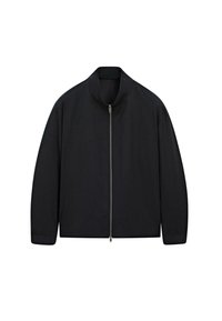 Black zip-up jacket with a stand-up collar, smooth fabric, long sleeves, and minimalistic design. No visible patterns or accents.