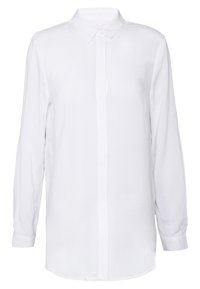 Chemise blanche à manches longues avec patte de boutonnage cachée, col pointu et poignets droits, présentée sur un fond uni.