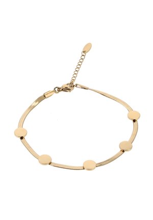 Arany lánc karkötő öt egyenletesen elhelyezkedő, lapos, kerek koronggal, valamint rákfogó zárral és állítható hosszabbító lánccal.