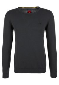 Dunkelgrauer langärmeliger Strickpullover mit Rundhalsausschnitt, gerippten Bündchen und Saum, ausgestattet mit einem kleinen Logo auf der Brust und einem kontrastierenden Innenkragen.