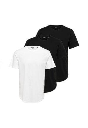 Three plain crew neck T-shirts stacked, one white in front and two black behind, with short sleeves and curved hemlines.