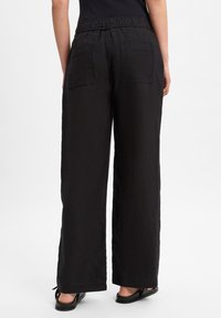 Black wide-leg pants made of lightweight fabric with an elastic waistband and two rear pockets. Surface has a subtle texture.