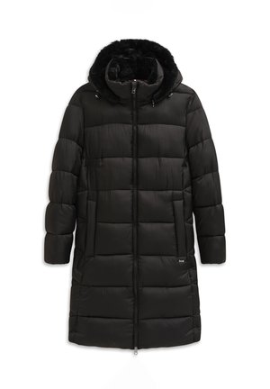 Schwarze Daunenjacke mit einer gefütterten Kapuze aus Fell, ausgestattet mit einem Reißverschluss an der Vorderseite, zwei Seitentaschen und einem durchgängigen Steppmuster. Lange Ärmel.