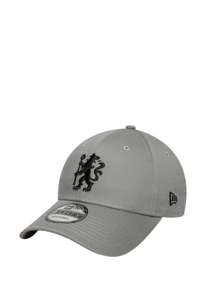Gray baseball cap made of fabric with a structured design, featuring a black lion logo on the front and ventilation eyelets on the crown.