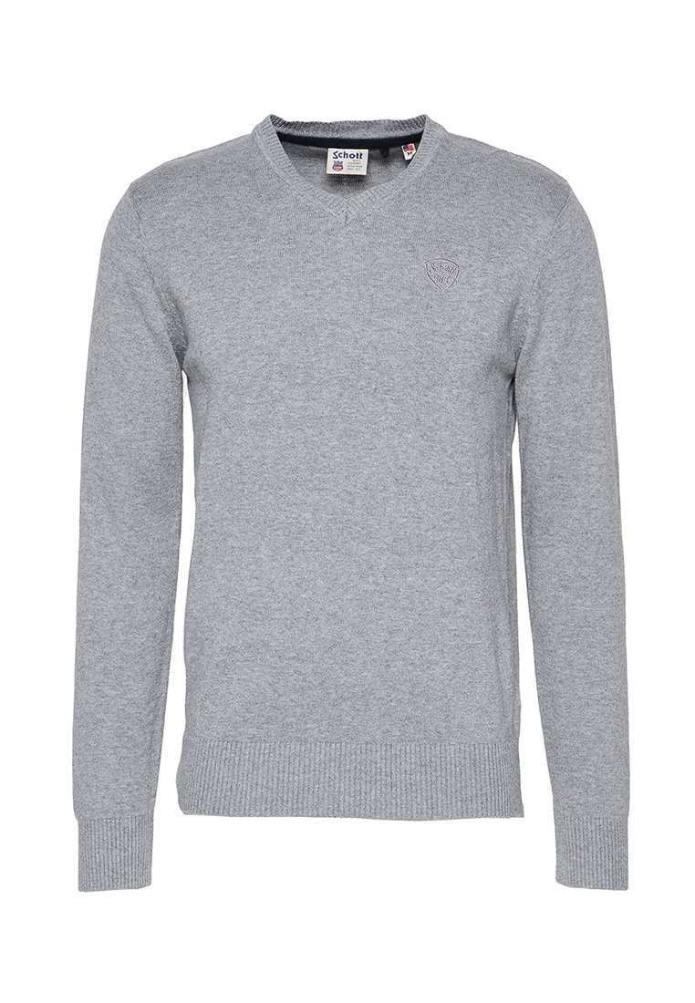 Grauer Langarm-V-Ausschnitt-Pullover aus strukturiertem Strickstoff, mit einem kleinen Logoemblem auf der Brust sowie gerippten Bündchen und Saum.