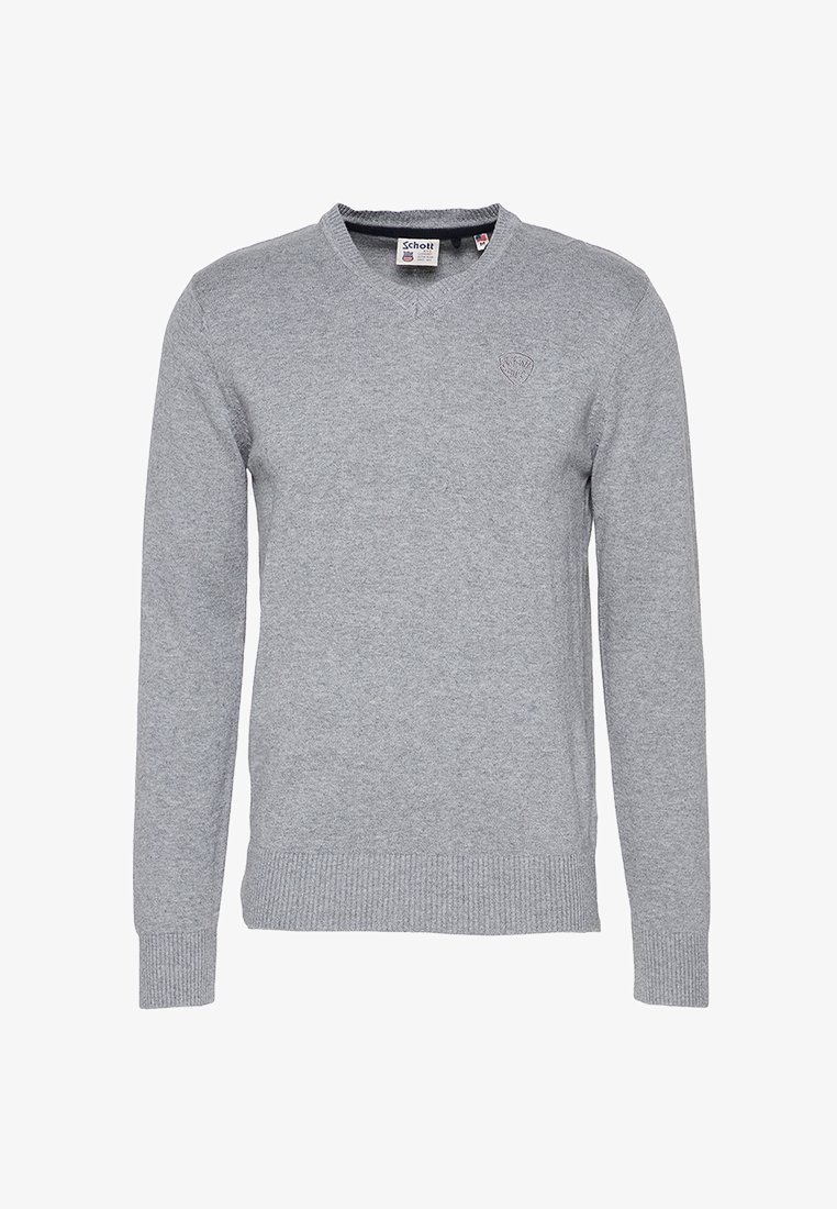 Grauer Langarm-V-Ausschnitt-Pullover aus strukturiertem Strickstoff, mit einem kleinen Logoemblem auf der Brust sowie gerippten Bündchen und Saum.