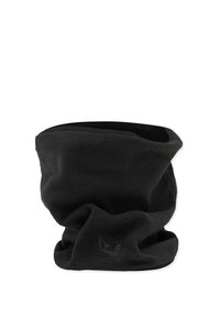 Black fleece neck warmer with a soft texture, tubular shape, and a subtle logo accent on one side. No fasteners or visible seams.