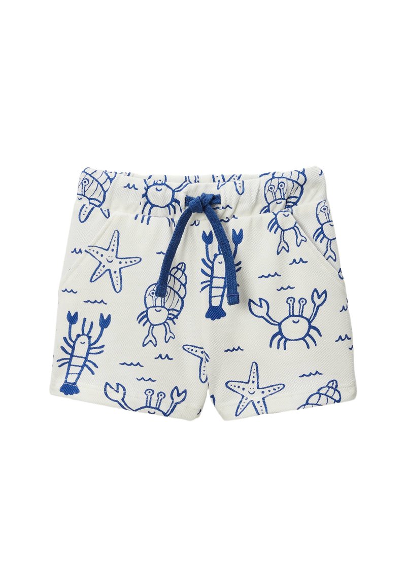 Shorts de bain en coton avec cordon de serrage, ornés d'un motif de crabe bleu et d'étoiles de mer sur fond beige clair. Inclus : deux poches latérales.