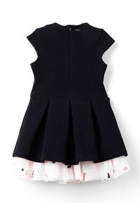 Černé proužkované šaty s krátkými rukávy, rozšířenou sukní a bílým tylovým překryvem s růžovými a černými vzory. Zapínání na zip na zadní straně.