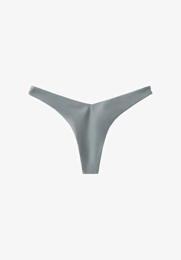 Szare bezszwowe stringi ułożone płasko na białym tle, prezentujące minimalistyczny i gładki design tkaniny.