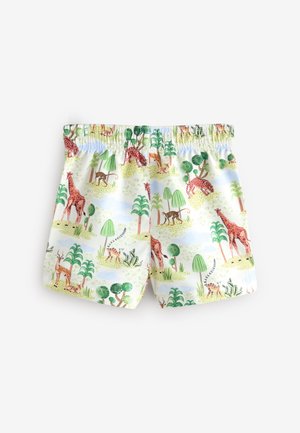 Mintás úszónadrág zsiráfokkal és fákkal zöld és barna árnyalatokban, világos háttér előtt, rugalmas derékpánttal.