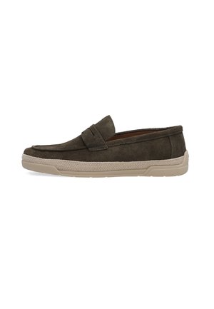 Dark brown suede loafer with a light beige woven textured sole and slip-on design.