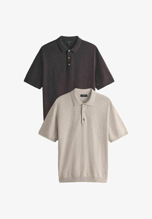 Two short-sleeve polo shirts in dark brown and light beige with collars and three-button plackets, layered against a white background.