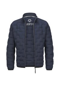Marineblaue Steppjacke mit quadratischem Steppmuster, Stehkragen und Reißverschluss. Mit schwarzem Besatz und einem Logo auf der Innenseite.