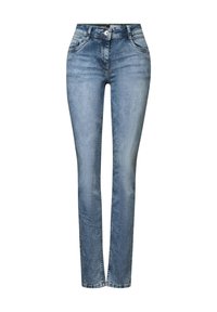 Ljusblå denimjeans med smal passform, femficksdesign och dragkedjestängning. Har subtil blekning och sömdekorationer.