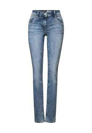 Light blue denim jeans with a slim fit, five-pocket design, and a zip fly closure. Features subtle fading and stitching accents.