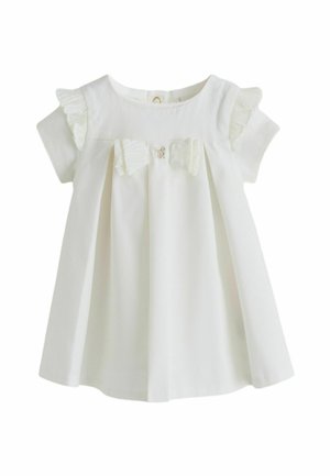 Weißes Babykleid mit kurzen ärmeln mit Rüschen, zwei kleinen plissierten Schleifen auf der Brust und einem kleinen Schmetterlingsdetail in der Mitte.